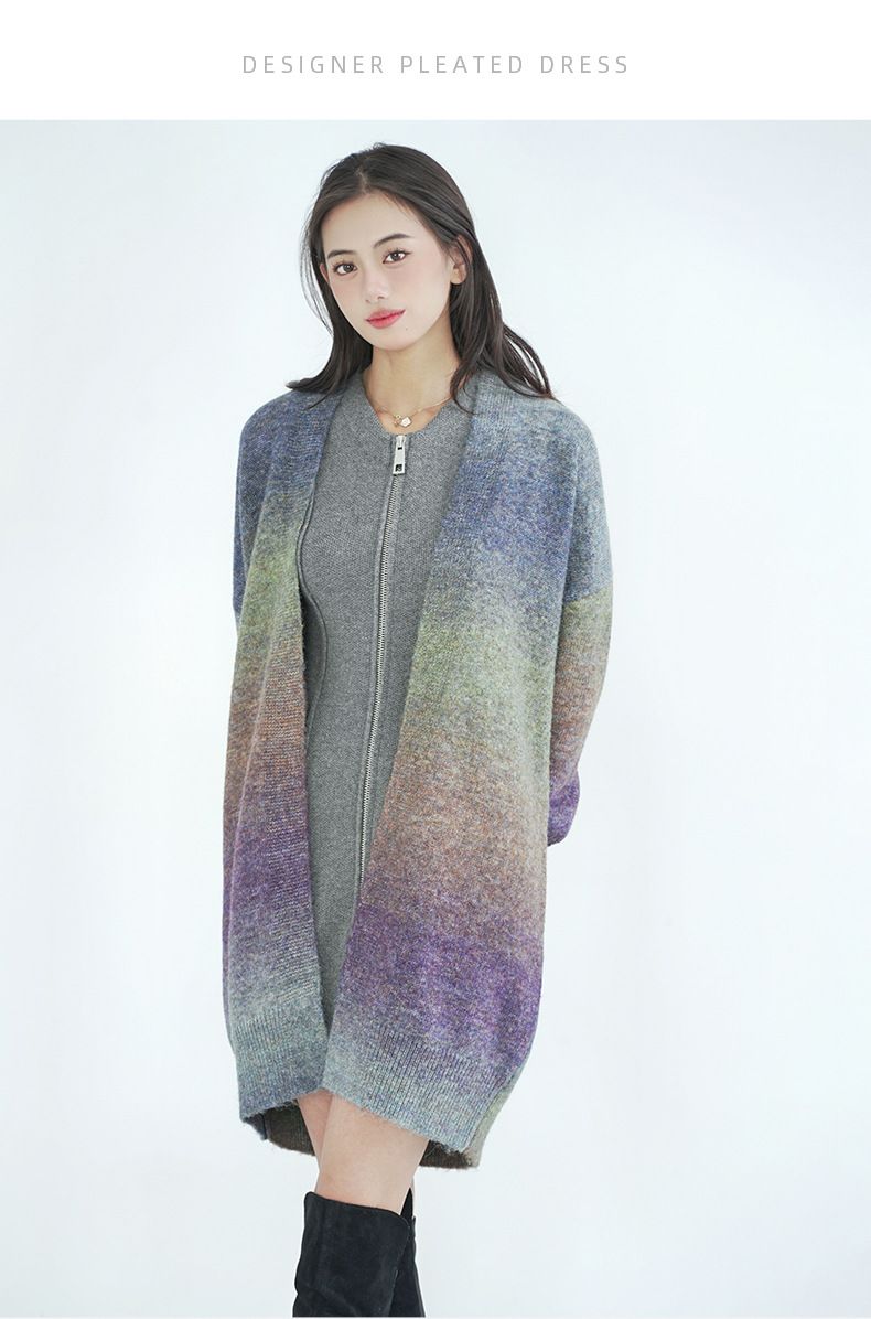 Autumn Winter Wool Knit Cardigan For Women Gradient Color Mid-Length Thickened Sweater Coat_voghion.com