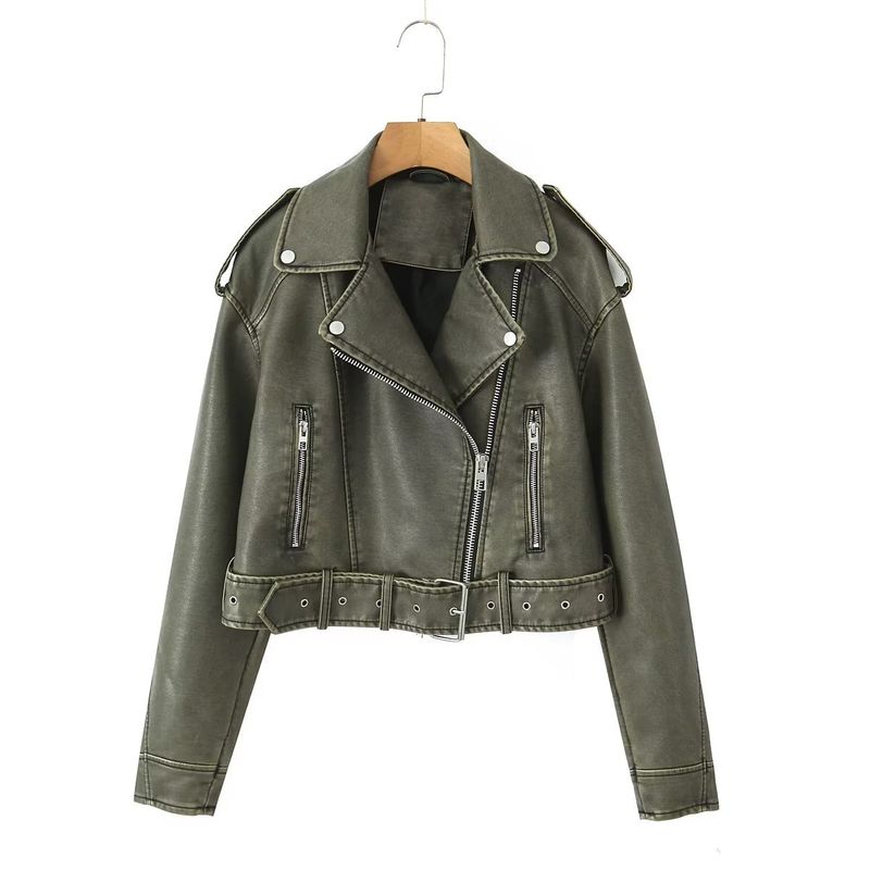Giacca in similpelle vintage da donna – Cappotto oversize in PU con effetto slavato, stile biker streetwear con cerniera (grigio/verde militare/nero, S-L)_voghion.com