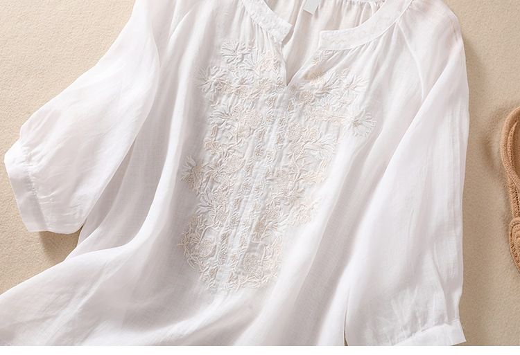 Chemise rétro en coton et lin brodée de fleurs pour femme, col en V, amincissante, simple, style zen, couleur unie, manches trois-quarts_voghion.com