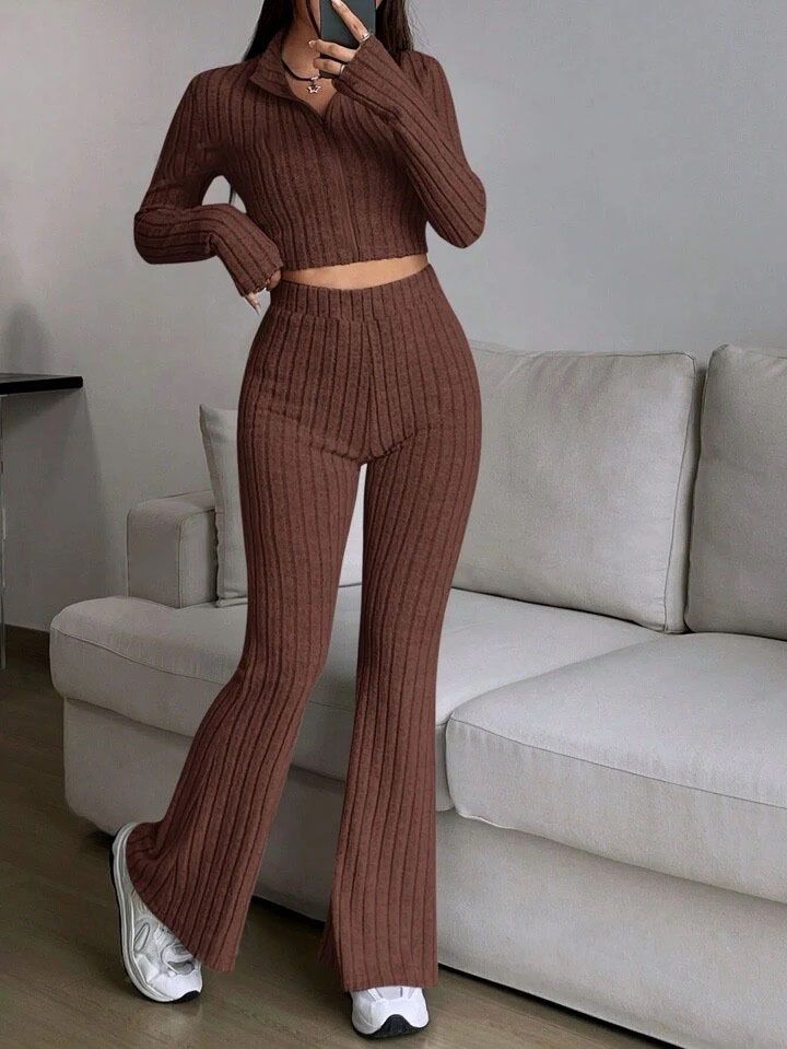 Fashion Solid Color Ribbed Two Piece Set Zipper Long Sleeve Crop Top And High Waist Flared Pants Set Women's Casual_voghion.com