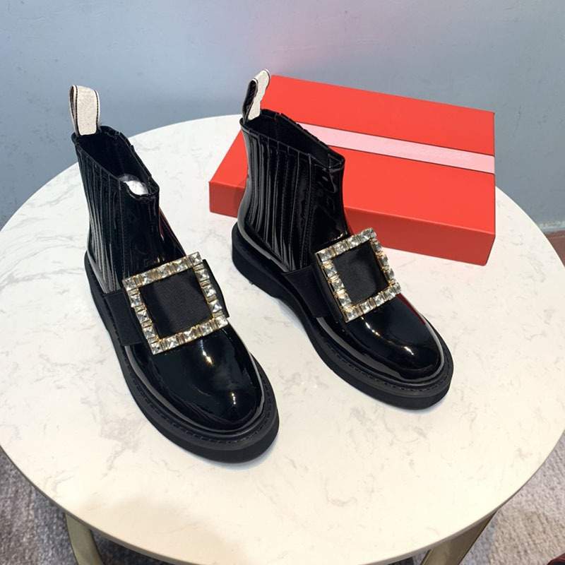 New Women's Flat Bottom Round Head Short Boots with Square Buckle Lacquer Leather Water Diamond Martin Boots Women's Versatile Shoes_voghion.com