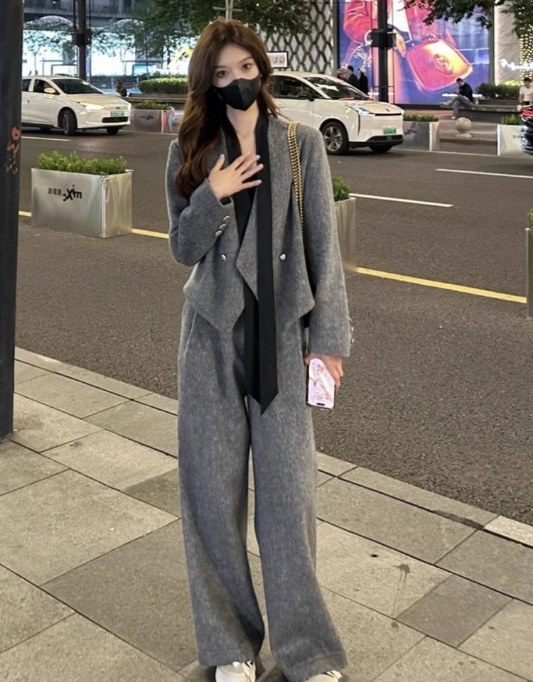 GraceChic Fashion Blazer in lana con nastro, pantaloni casual da donna, autunno inverno, nuovo set due pezzi, stile coreano_voghion.com