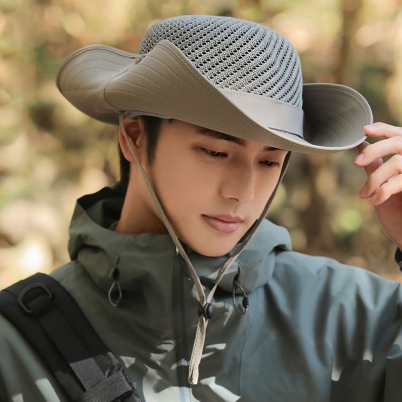 Fashion 10cm Wide Brim Sun for Men UPF 50+ Boonie Summer UV Protection Outdoor Fishing Hiking Hat Breathable Mesh Bucket Cap_voghion.com