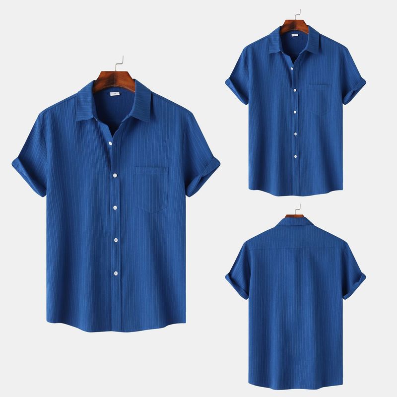 Goods 2024 summer new solid color lapel short sleeved shirt men's_voghion.com