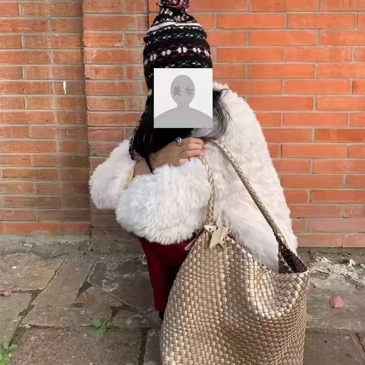 Borsa a secchiello da donna con motivo intrecciato color champagne, grande capacità, da portare a mano o a spalla_voghion.com