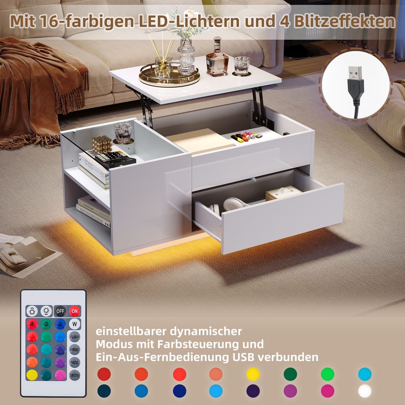 Table basse réglable en hauteur 95 x 48 x 42 cm avec rangement dissimulé, éclairage LED, tiroir et prise – Table d'appoint de salon blanche_voghion.com