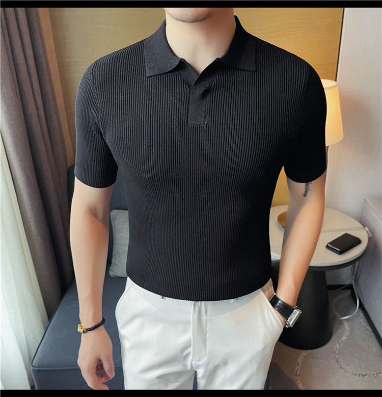 Maglione lavorato a maglia a maniche corte con scollo a V da uomo, colletto a gabbiano, stile business casual britannico, estivo, in seta ghiacciata_voghion.com