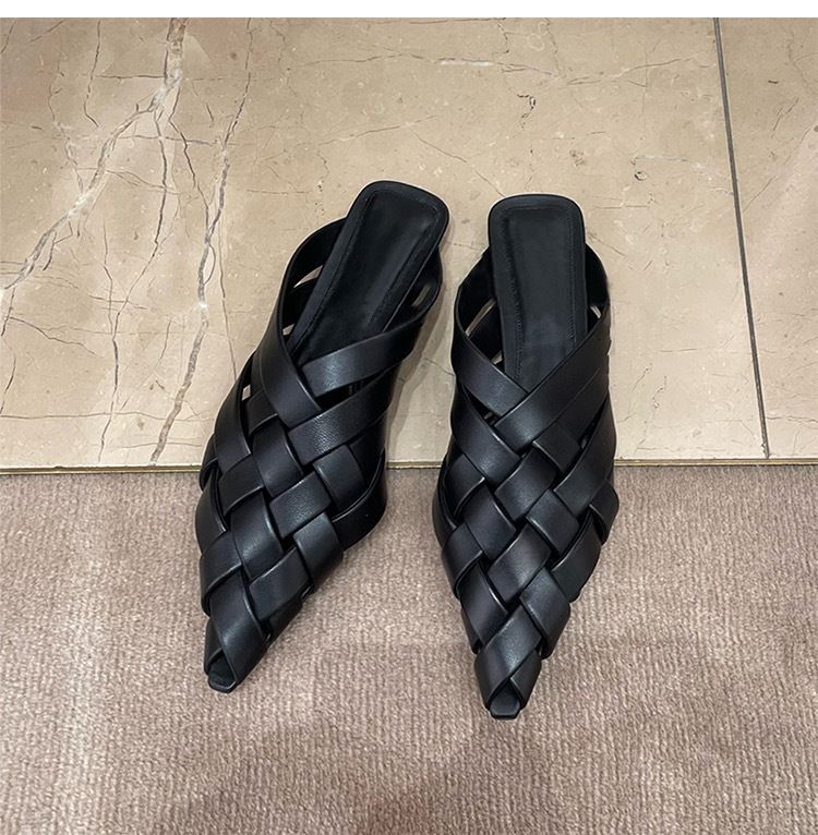 Grape Mama Studiolee Headed Pointed Half Slippers Women's Muller Flat Bottom Woven Hollow Sandals_voghion.com