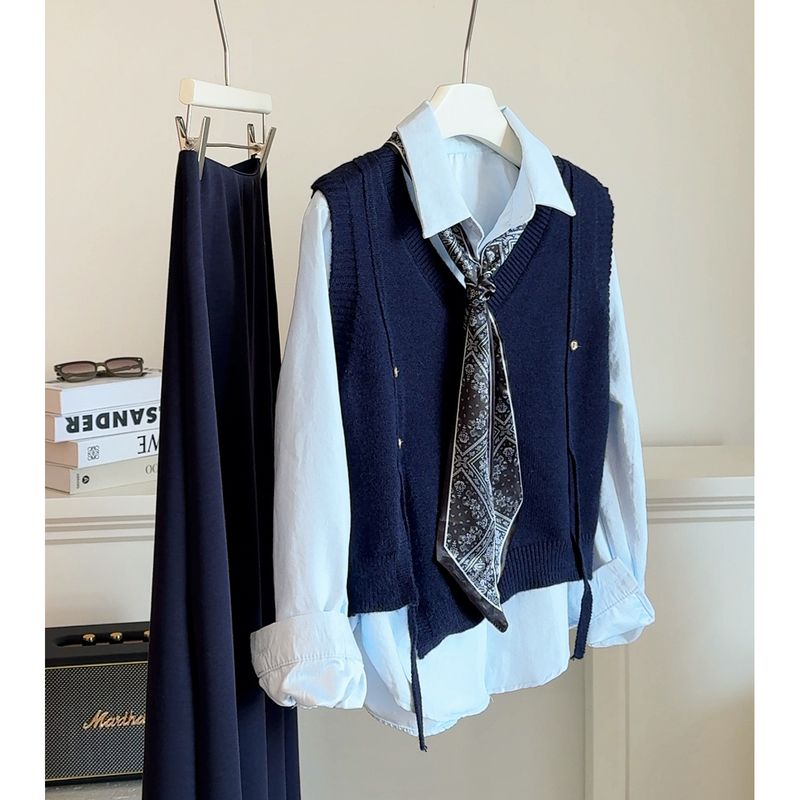 Completo tre pezzi in maglia elegante e snellente in stile coreano autunnale, anti-età, versatile, con camicia a maniche lunghe e sciarpa_voghion.com