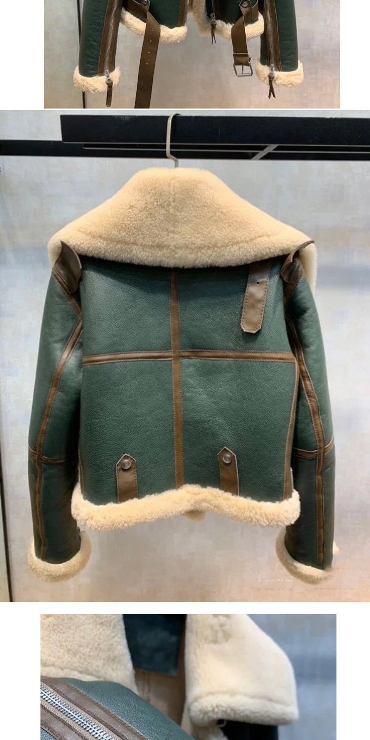New Winter Green Patchwork Large Lapel Motorcycle Jacket Women's Thickened Short Fur Integrated Sheep Shearling Coat Pengquan_voghion.com