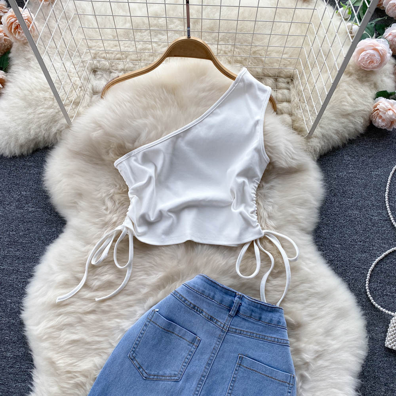 Women's Drawstring Lace-up Slouchy Vest Irregular Raw Edge Split Denim Half-body Skirt Two Piece Set_voghion.com