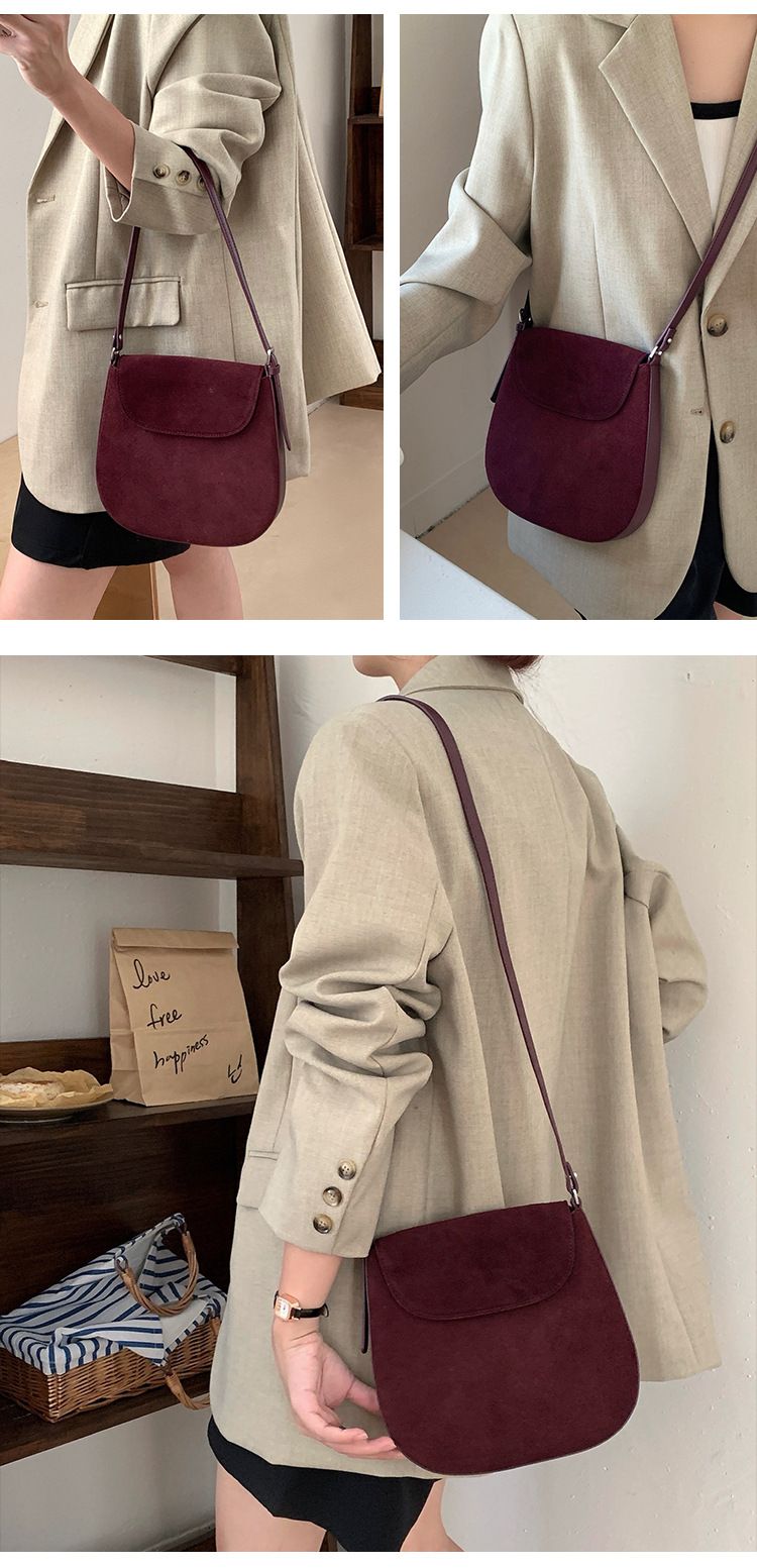 【 Genuine leather women's 】 Suede frosted cowhide saddle with niche design, single shoulder crossbody bag, underarm bag_voghion.com