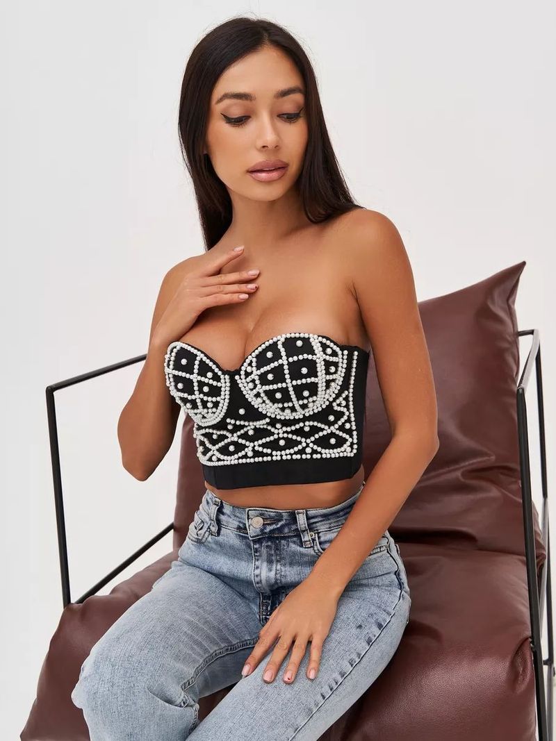 Corsetto sexy con spalline di perle - Bustino regolabile con lacci per donna, moda estiva elegante e chic_voghion.com