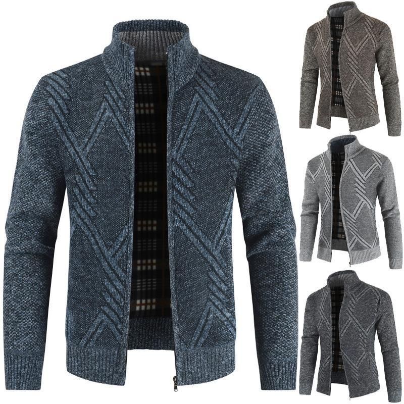 Men's slim fit stand up collar, thickened velvet geometric shape knitted sweater, plus size cardigan jacket_voghion.com