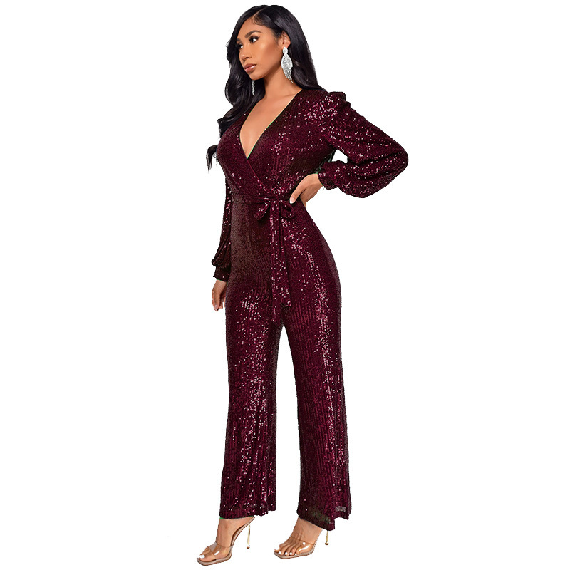 Damkläder Ins Style Deep V Mode Casual Jumpsuit Långärmat Bälte Paljett Jumpsuit Dam_voghion.com