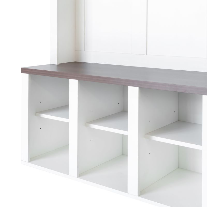ON-TREND Farmhouse Wooden Style Hall Tree With 6 Hooks, Practical Walnut Storage Bench With Adjustable Shelves, 4-in-1 Entryway Shoe Cabinet With 13 Cubbies For Mudroom, Living Room, White, 76.7"H_voghion.com