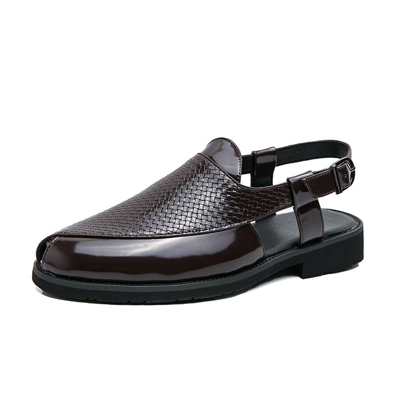 Unschlagbare Qualität Modische gewebte Ledersandalen für Herren, britische Sommer-atmungsaktive Schnalle Große Größe Coole Hausschuhe für Herren_voghion.com