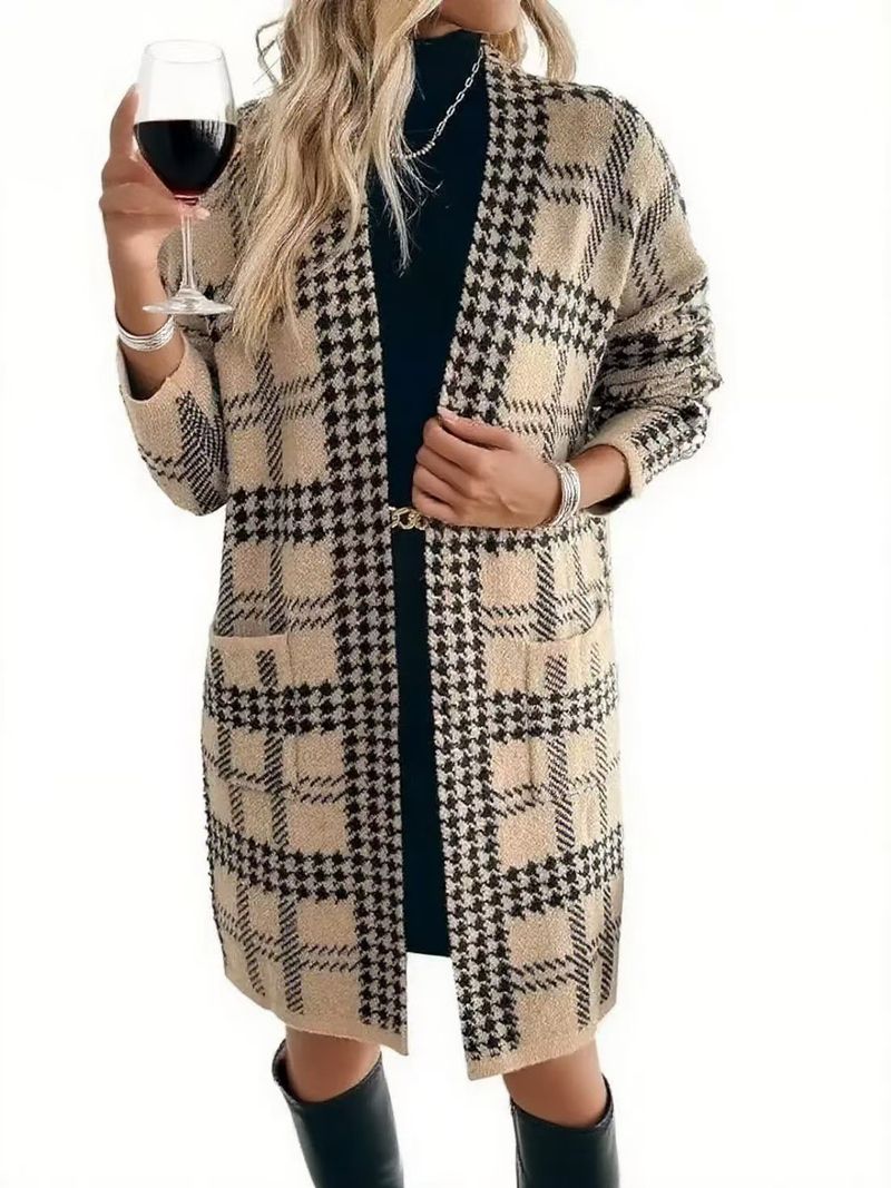 Chic Longline Houndstooth Cardigan – Oversized Open-Front Knit Wrap (Work To Weekend)_voghion.com
