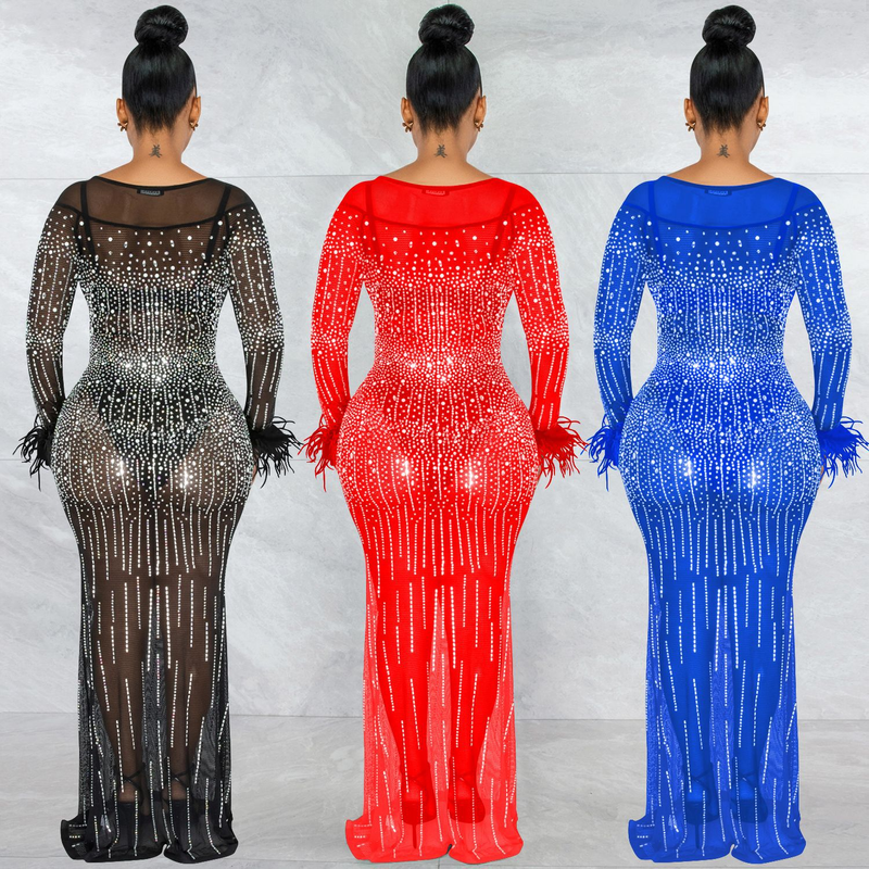 Damenmode-Nachtclub-Party mit Diamant-Damen-Mesh-Perspektive, langärmeliges Kleid, Damenkleid_voghion.com
