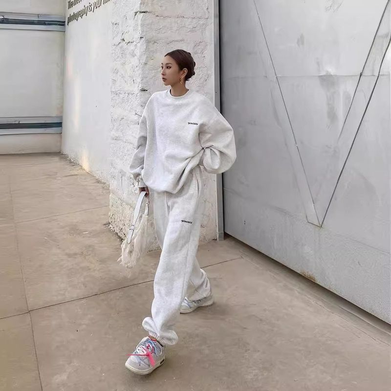 Kadınlar İçin Amerikan Tarzı Trend Gri Sweatshirt Seti, İlkbahar, Sonbahar, Kış, İnce Bol Tembel Rahat Jogger Pantolon_voghion.com