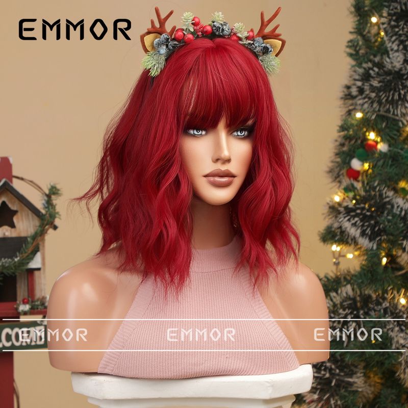 Parrucca colorata per cosplay di Halloween di Natale Qi Bangs parrucca corta riccia bobo acconciatura completa_voghion.com