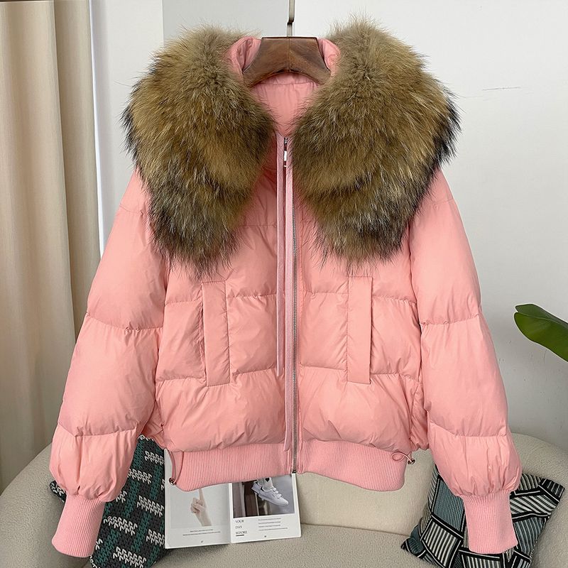 Women's Clothing Ready to stock detachable oversized raccoon fur collar winter women's short thickened white duck Warm jacket jacket flat coat coat_voghion.com