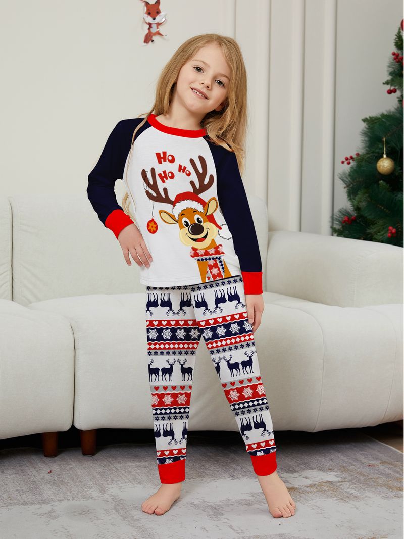 Europäische und amerikanische Eltern-Kind-Heimkleidung. Neues Weihnachtshirsch-Eltern-Kind-Set für vier- oder fünfköpfige Familie. Rundhalsausschnitt, langärmliger bedruckter Pyjama_voghion.com