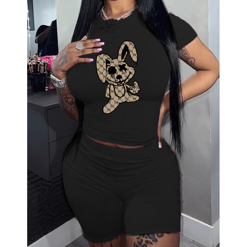 Women's bunny doll print T-shirt shorts tracksuit_voghion.com
