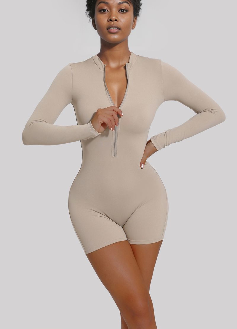 European And American Open Collar Zipper Long Sleeve Jumpsuit Dance Fitness Sports One-piece Bodysuit Sexy Tight-fitting_voghion.com