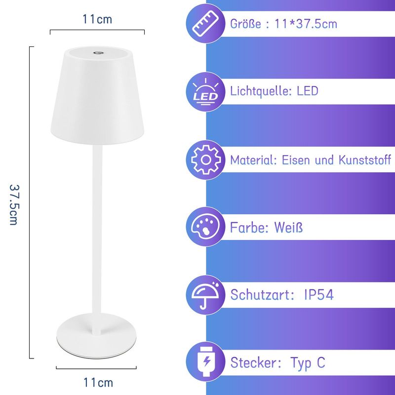 Glitzerlife Nachttischlampe Akku Tischlampe Led - Weiß Kabellos 2er Set 6 FarbenRGB Touch Dimmbar Tischleuchte Aufladbar Akkulampe Batterie USB Akkuleuchte_voghion.com