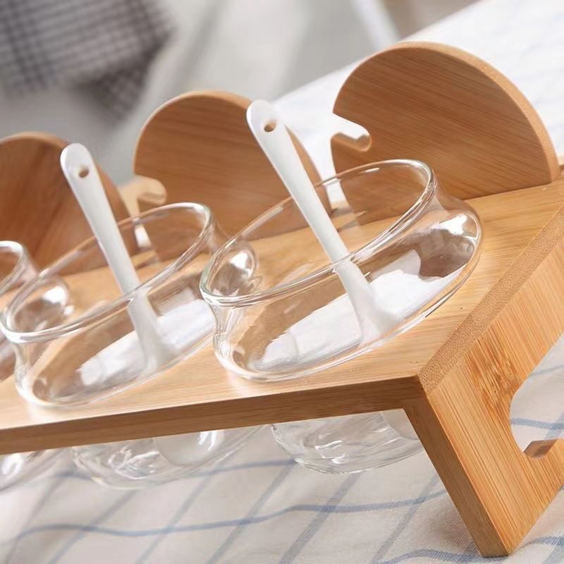 Cam Baharat Kavanozu Seti Ahşap Standlı Mutfak Baharat Kapları Tuz Şekerlik Hava Geçirmez Kapaklar Kolay Dökülebilir Tasarım Minimalist Kiler Düzenleme_voghion.com