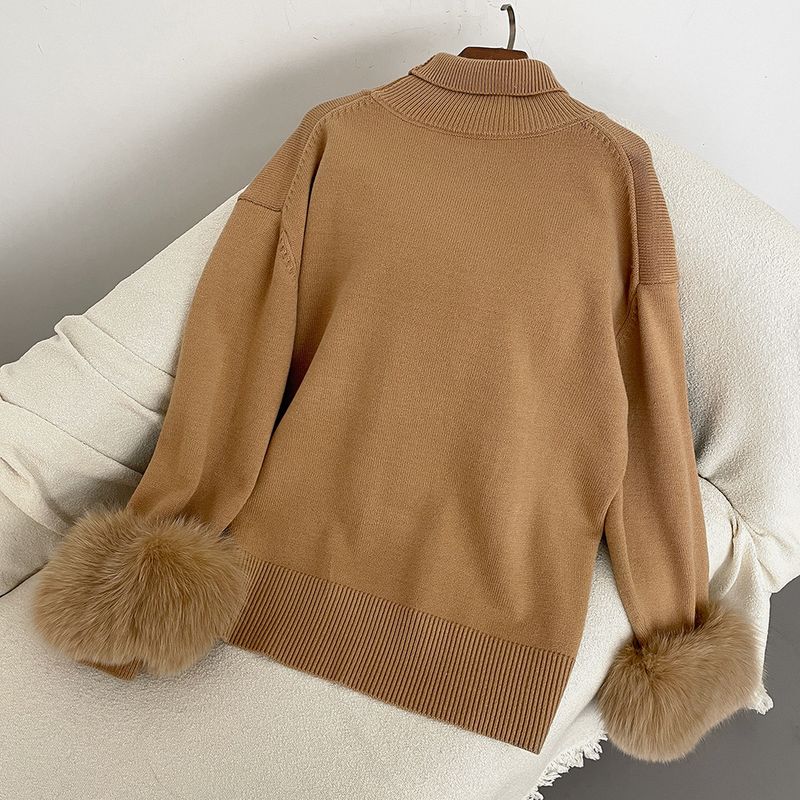 Damenbekleidung Heißer Verkauf Damen Herbst und Winter neuer verdickter hochgeschlossener lockerer Strickpullover mit abnehmbaren Manschetten aus echtem Fuchs_voghion.com