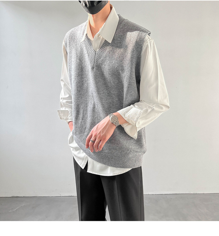 Herrenbekleidung Herbstlicher Stil lockerer Boden ärmelloser Herrenpullover mit V-Ausschnitt Pullover Weste Mantel_voghion.com