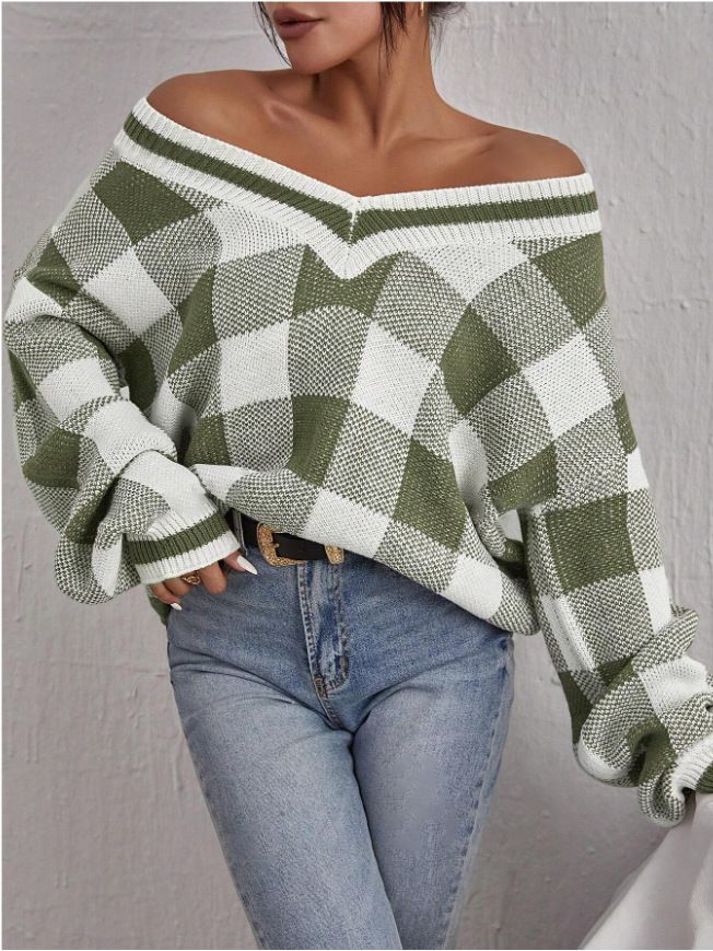 Maglione lavorato a maglia versatile a maniche lunghe con scollo a V, casual e scozzese, per donna, autunno inverno_voghion.com
