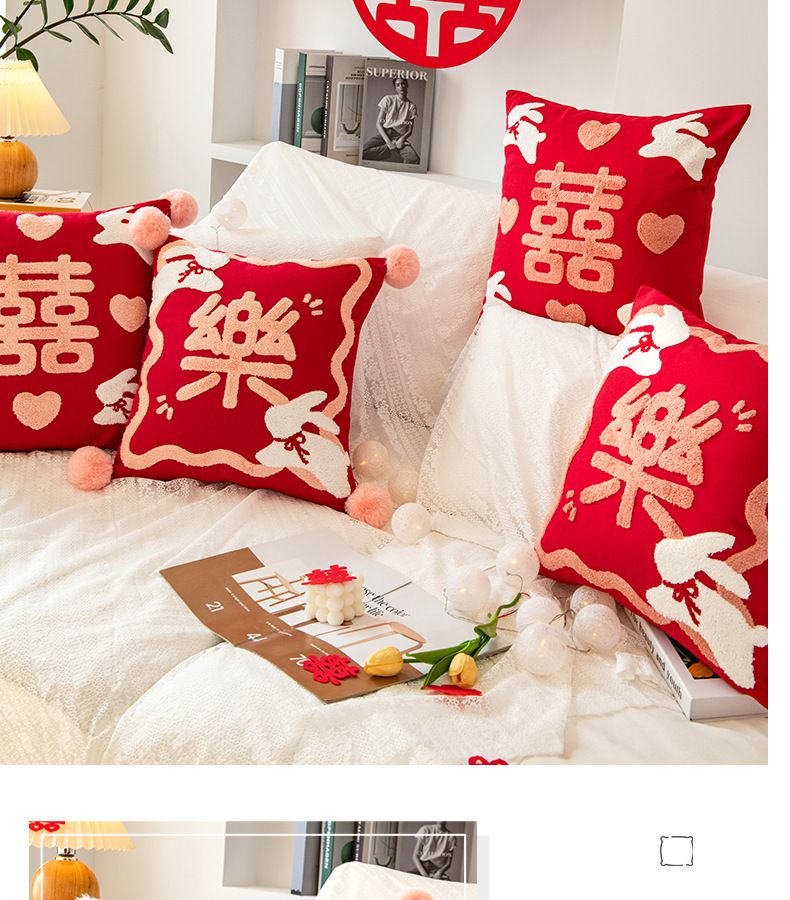 Chinesischer Neujahrs-Kaninchen-Kissenbezug mit Stickerei – Festlicher roter Baumwoll-Canvas mit Quasten, Neujahrs-Wohndekor, Sofa-Kissenbezug_voghion.com