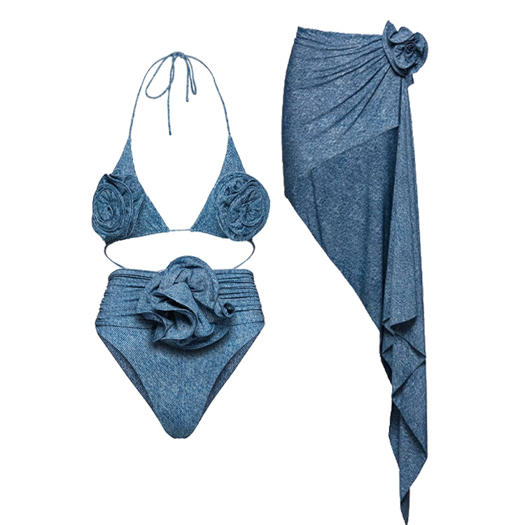 Einteiliger Damen-Badeanzug, One-Shoulder-3D-Blumendekoration, hohler Denim-Druck-Badeanzug für Damen_voghion.com