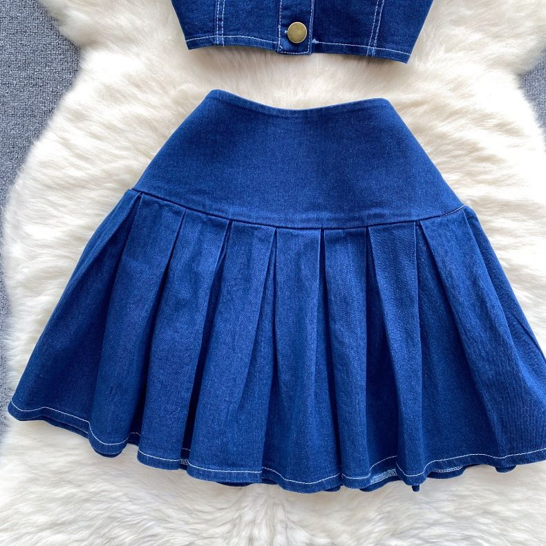 Damenanzug kurzes Camisole vielseitiger Minirock Denim zweiteiliger Anzug trendy_voghion.com