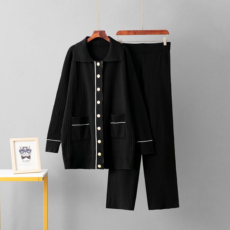 Ensemble 2 pièces en tricot surdimensionné pour femme – Cardigan boutonné sur le devant + pantalon large (noir/olive/kaki) – Ensemble en rayonne respirante pour le bureau et le salon._voghion.com