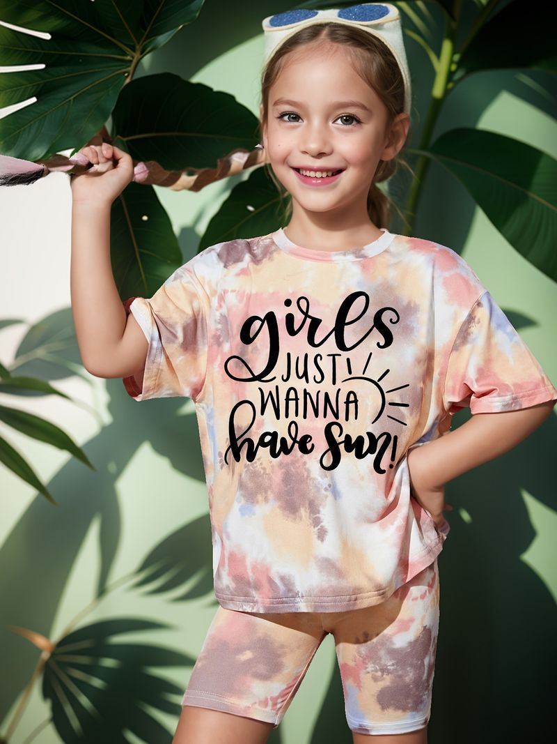 Mother & Kids INS Girls Summer Casual Tie Dye Full Print Round Neck Short Sleeve 2 Piece Set Fashion Casual Suit_voghion.com