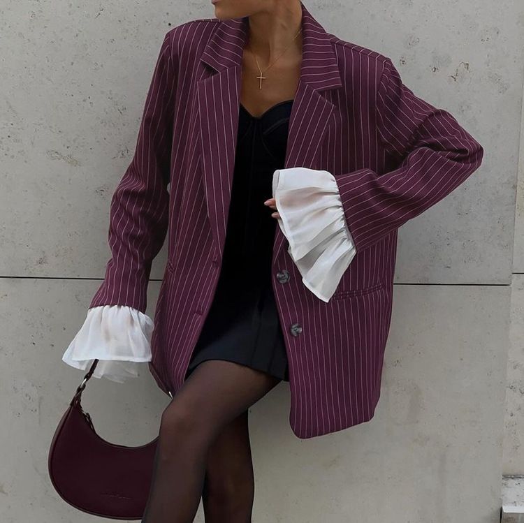 Giacca da abito a righe da donna, elegante blazer a righe con maniche a campana in pizzo – Giacca casual ampia per primavera/autunno in rosso vino_voghion.com
