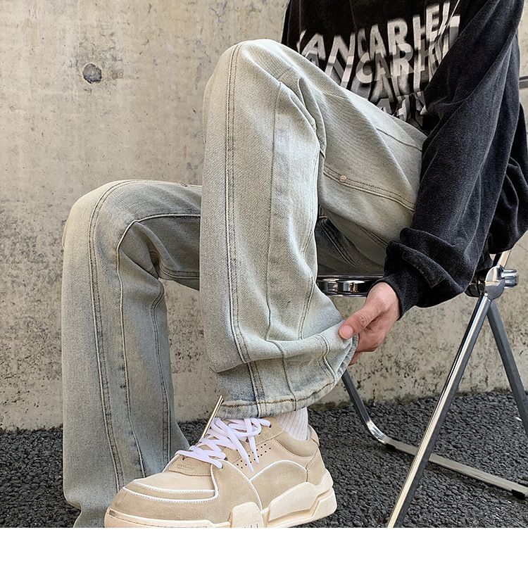 Yellow Mud Jeans Men's Autumn And Winter American Fashion Brand Slim Fit Patchwork Design Sense Loose Straight Casual_voghion.com