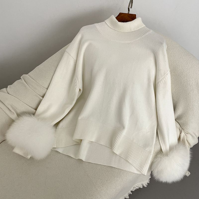 Damenbekleidung Heißer Verkauf Damen Herbst und Winter neuer verdickter hochgeschlossener lockerer Strickpullover mit abnehmbaren Manschetten aus echtem Fuchs_voghion.com