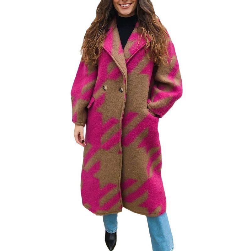 Women's Cothing Various Color Matching Fashion Long Sleeved Lapel Coat Printed Woolen Coat_voghion.com