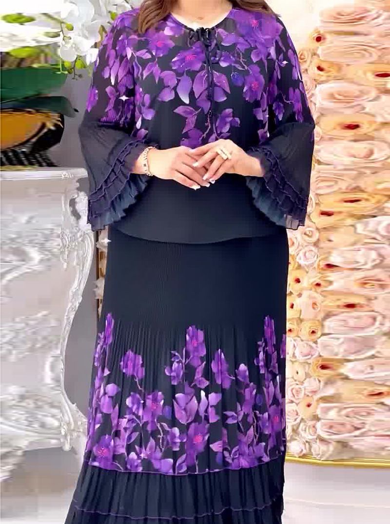 Women's Clothing Pleated Positioning Printed Tops And Skirts Two Piece Suits_voghion.com