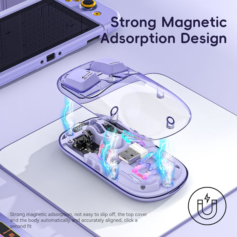 Ratón inalámbrico transparente de modo dual T200 con carga de 2,4 G/Bluetooth 5.0, diseño magnético, iluminación RGB_voghion.com