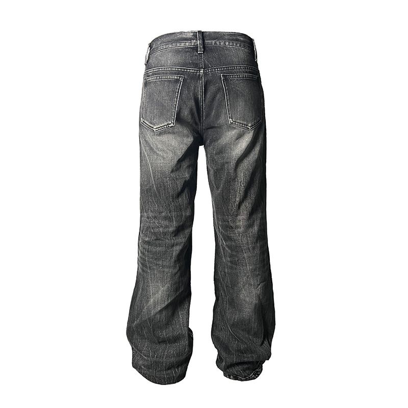 Herrenbekleidung Retro Dunkelblau Lightning Cracked Jeans Lockere Hose mit weitem Bein Verwaschene gerade Schlaghose_voghion.com
