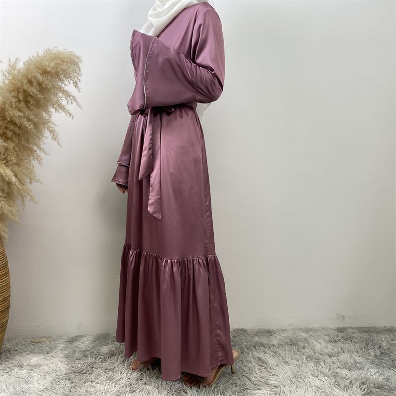 Yeni Saten Müslüman Kadın Elbisesi Çift Çan Kollu Abaya Lüks Dubai Elmas Uzun Elbise Etek Ucu Eklemeli Kaftan Faslı Kadın Zarif_voghion.com