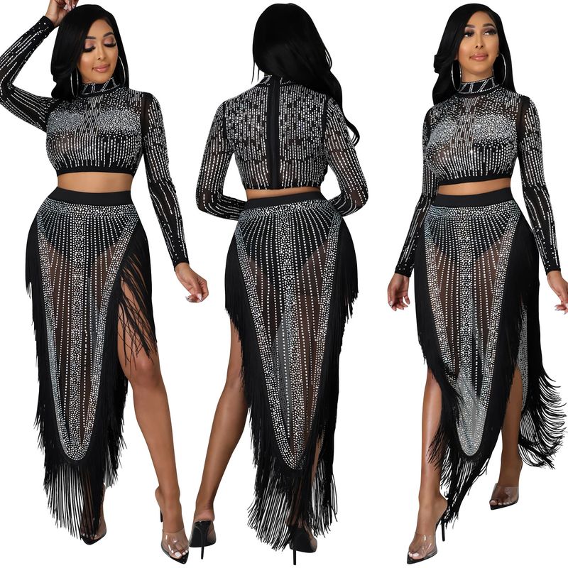 Vêtements pour femmes sexy discothèque chaude maille diamant transparente à manches longues fente longue jupe ensemble deux pièces_voghion.com