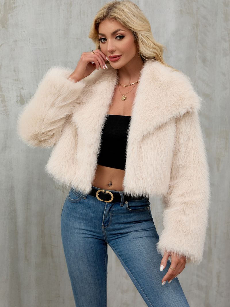 Giacca da donna con collo in pelliccia sintetica – Cappotto corto in peluche con revers alto | Lussuosa e calda (S-XXXL)_voghion.com