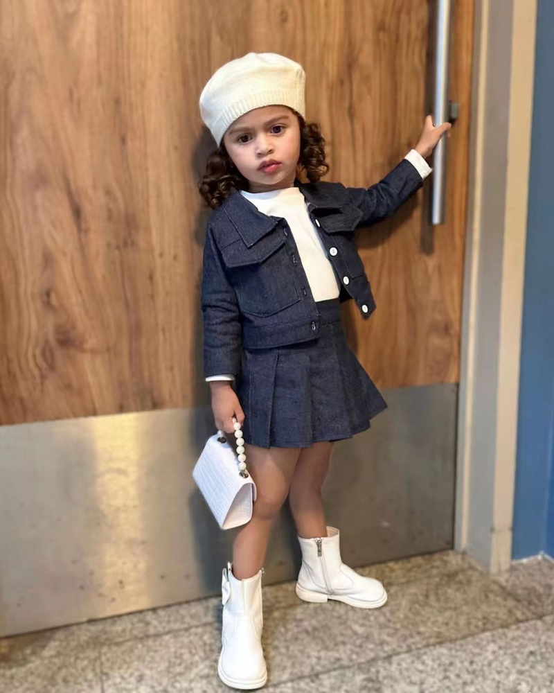 Ropa de bebé Falda vaquera suave para niños, traje de falda plisada con top de manga larga estilo colegial_voghion.com
